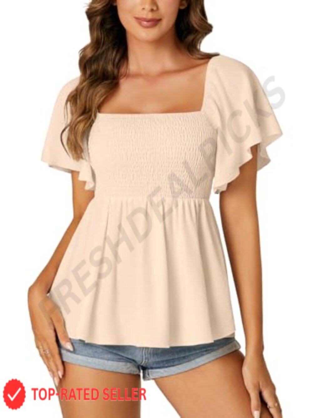 Women's Square Neck Peplum Blouse Butterfly Sleeve Flowy Top